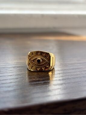 Free People Gold Evil Eye Signet Ring with Black Accent